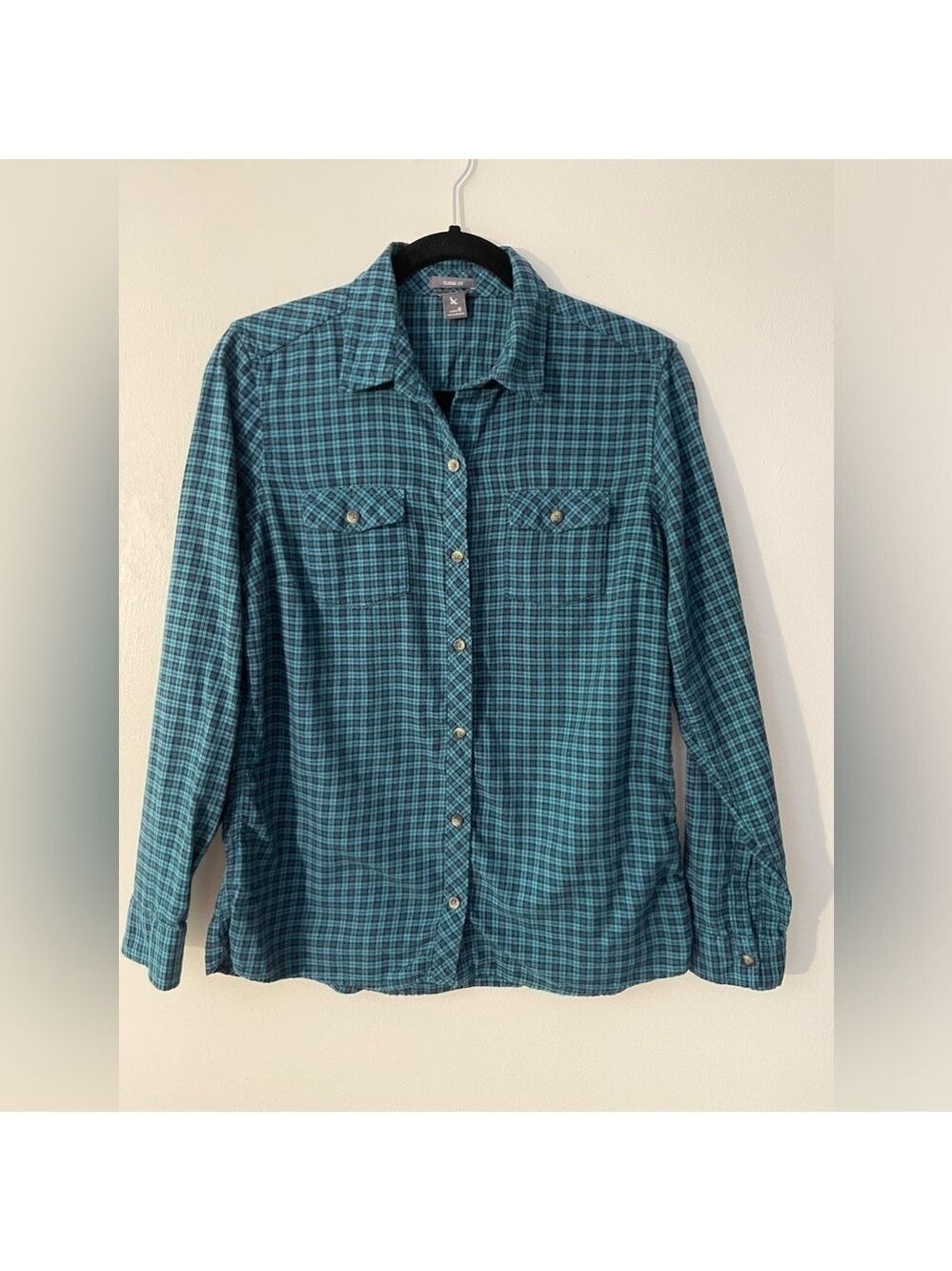 Eddie Bauer Women’s Classic Fit Button-up Shirt Green Blue Size: Medium